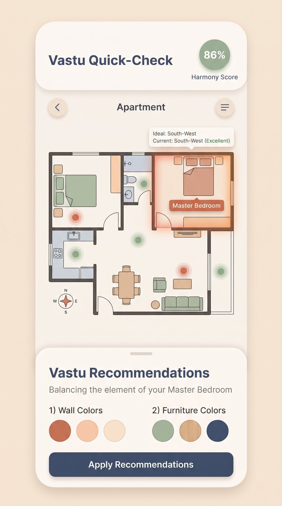 The 2D plan screen: a charcoal floor plan with an 86% Harmony Score and a Vastu Recommendations sheet