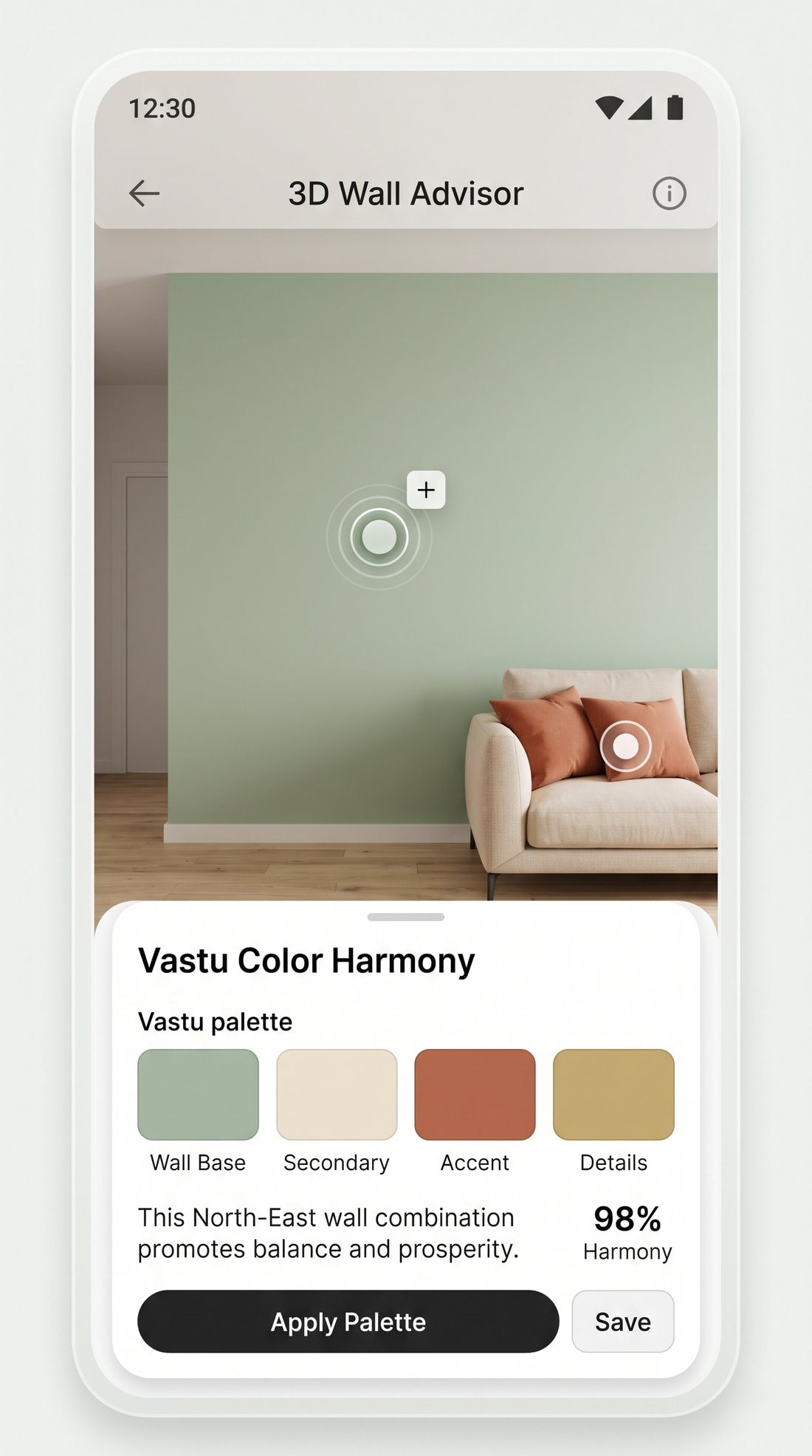 The 3D wall screen: a sage wall, white baseboard, oak floor, a cream sofa and a Vastu Color Harmony sheet at 98%