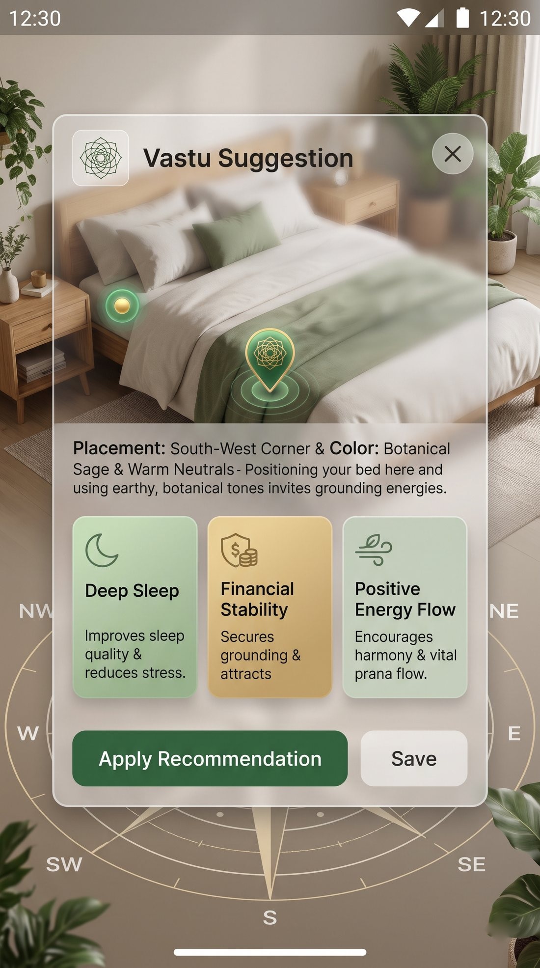 The benefit screen: a blurred room with a gold compass rose and three cards for Deep Sleep, Financial Stability and Positive Energy Flow